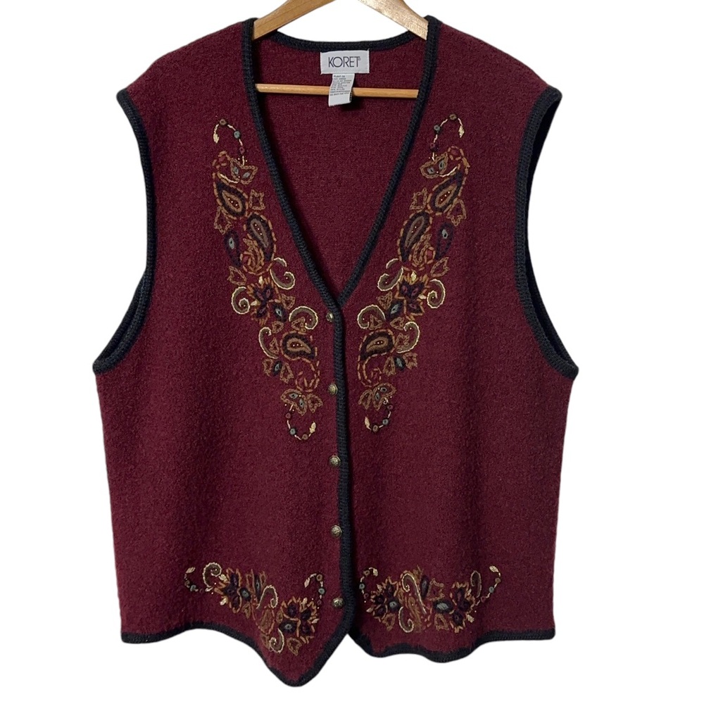 Koret Vintage Wool Vest Plus Size 2X Paisley Embroidery Cottagecore